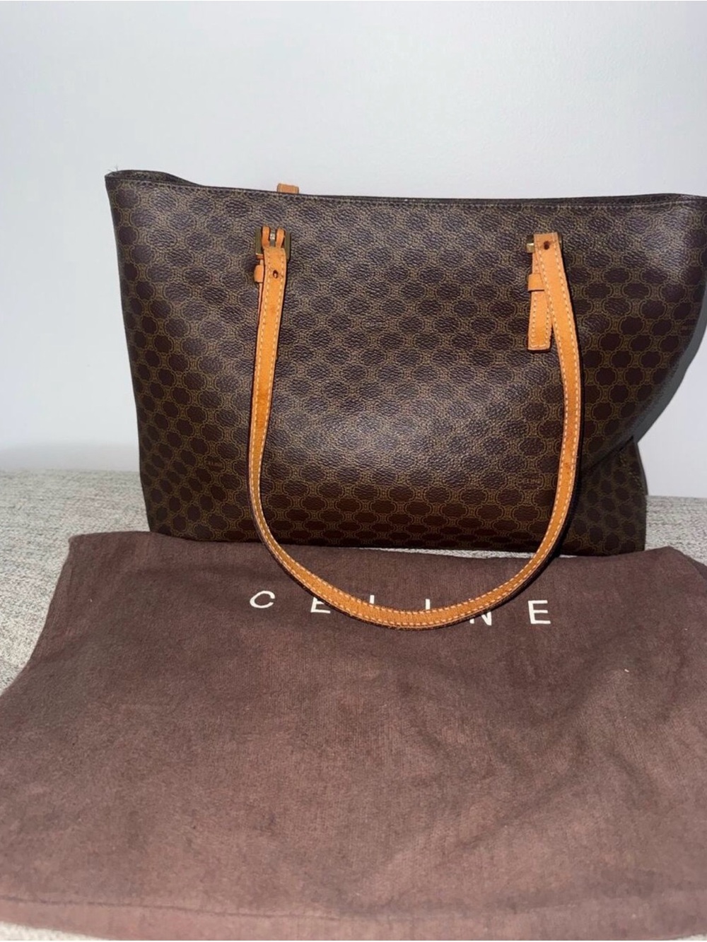 Celine Macadam Brown Monogram Tote Bag Tan Leather Trim, Gold Hardware, Dust Bag - Picture 6 of 8